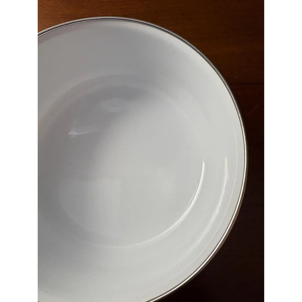 Vintage White Enamelware Nesting Bowls Blue Sponge Heart Pattern Country Cottage